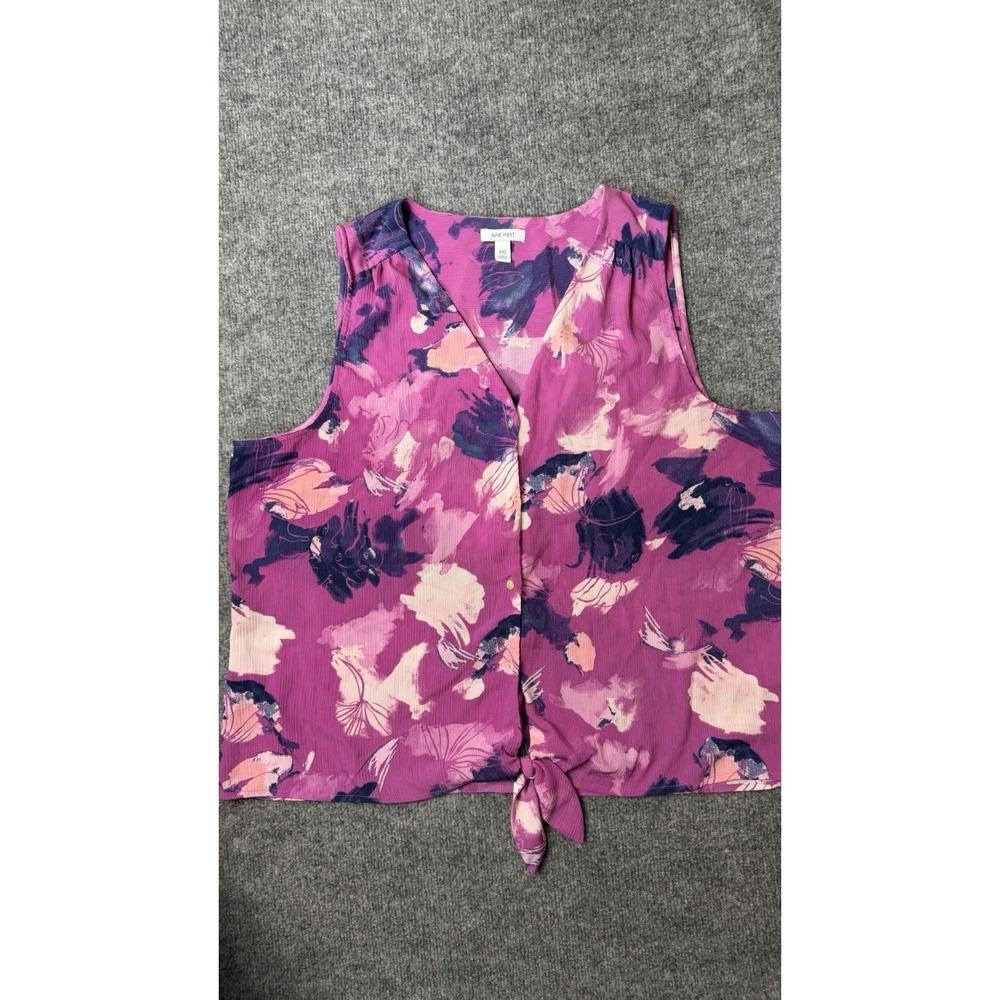 Nine West Women's XXL Purple Floral Sleeveless Tie Front V-Neck Crinkle Blouse